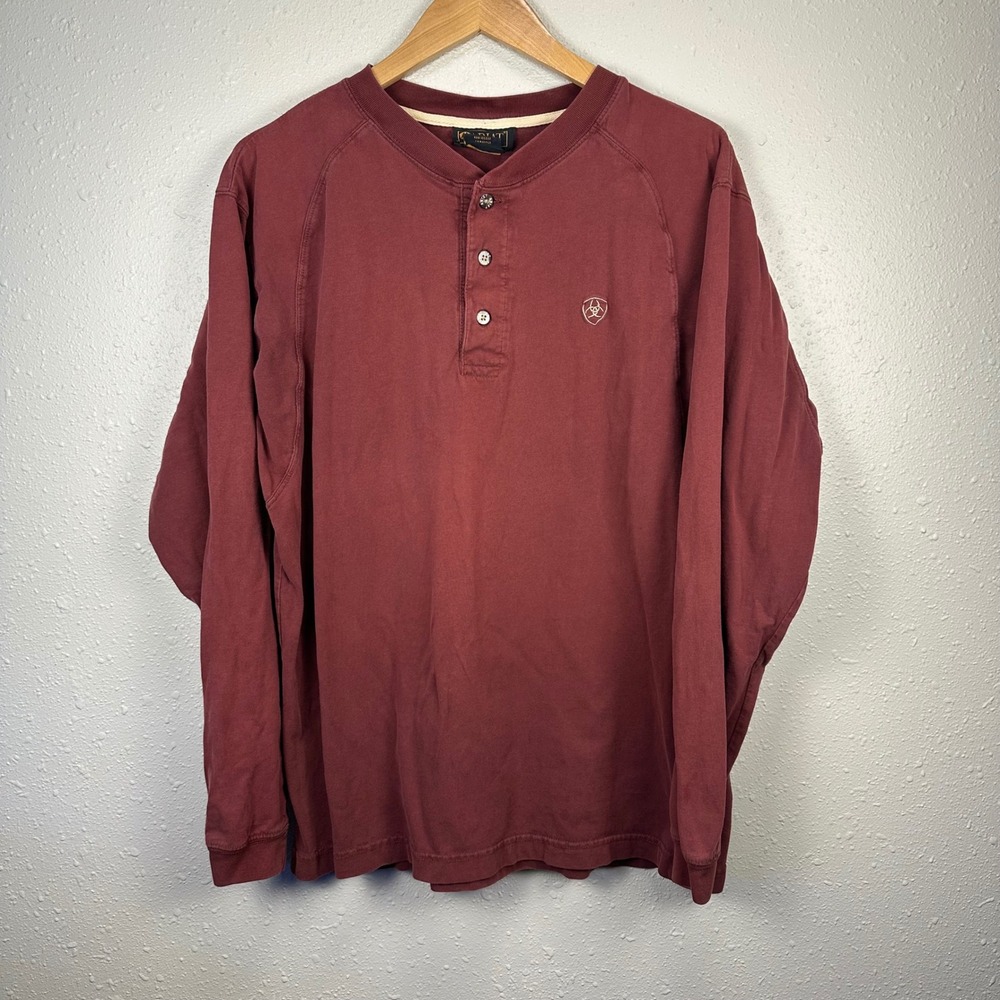 Ariat Mens L Henley Long Sleeve Work Shirt Red 100% Cotton Layer Retro Western